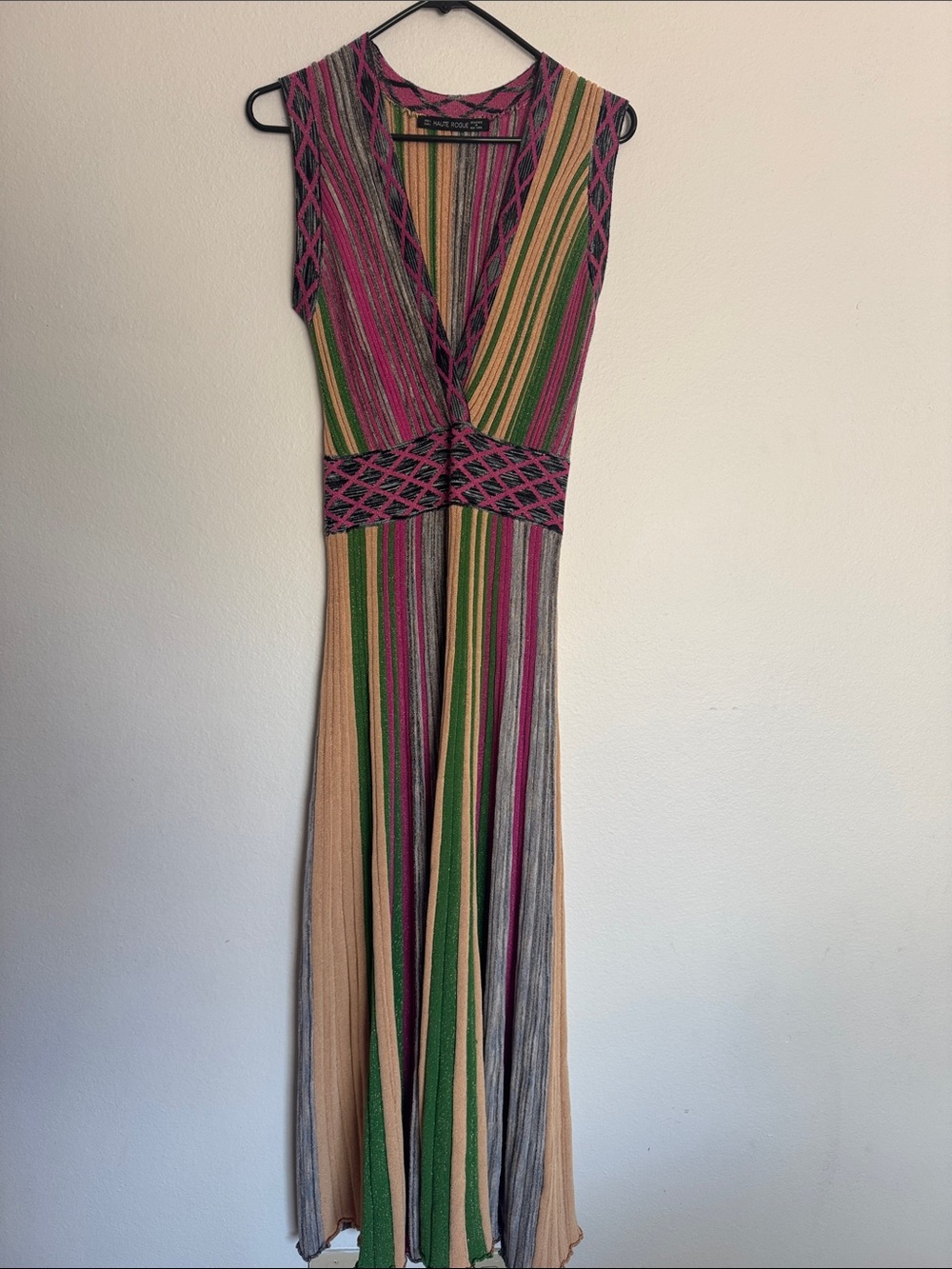 Haute Rogue V-Neck Striped Maxi Dress in Pink, Green & Tan